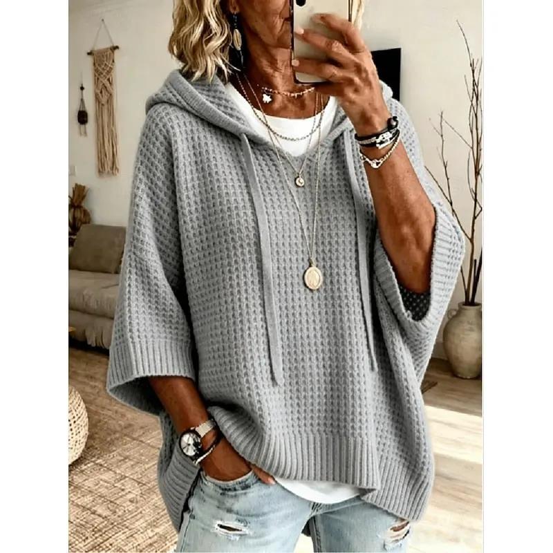 Women's Relaxed Waffle-Textured Hoodie With Drawstrings-Women's Hoodies-Bellmaren-Gray-S-My Store