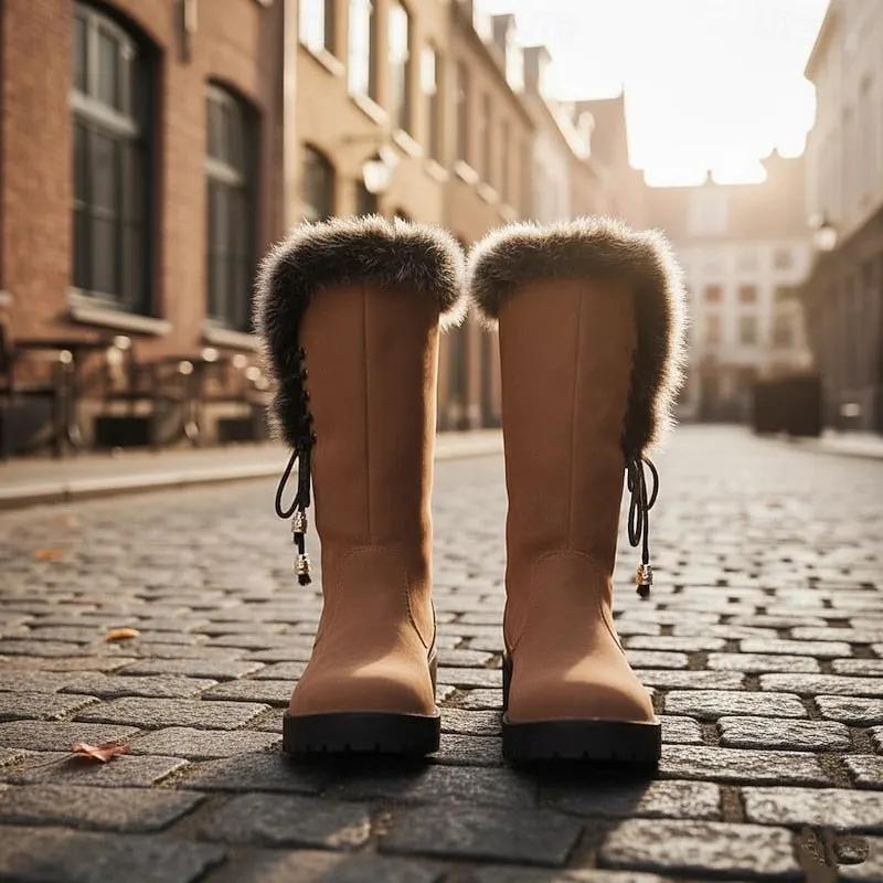 Women's Knee-High Winter Boots with Fur Trim-Women's Shoes-Bellmaren-Yellow-4-My Store