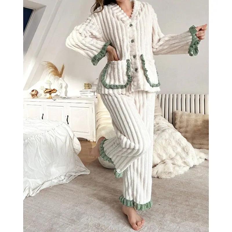Women's Plush Ruffle-Trim Two-Piece Lounge Set-Women's Loungewear Sets-Bellmaren-Purple-S-My Store
