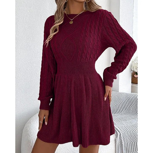 Women's Cable-Knit Sweater Dress With Defined Waist-Women's Dresses-Bellmaren-Wine-S-My Store