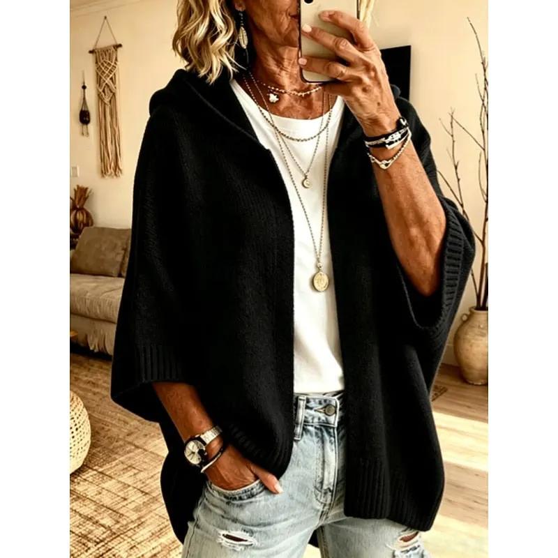 Women's Open-Front Hooded Cardigan with Three-Quarter Sleeves by Bellmaren