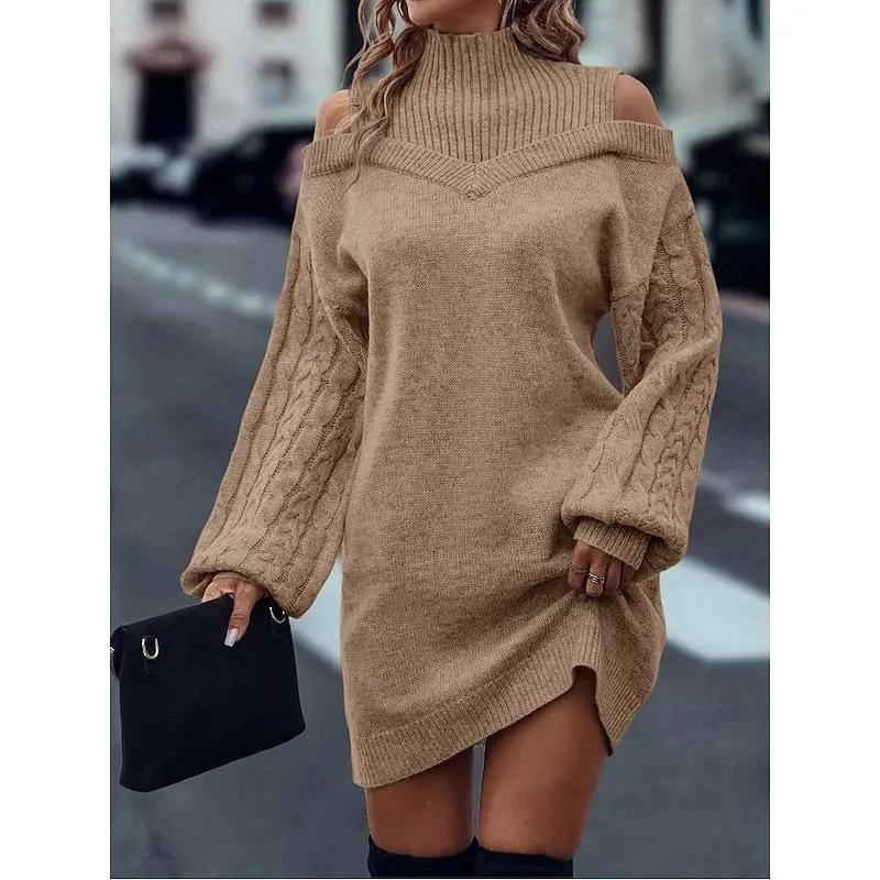 Women's Cold-Shoulder Turtleneck Sweater Dress-Women's Dresses-Bellmaren-Khaki-S-My Store