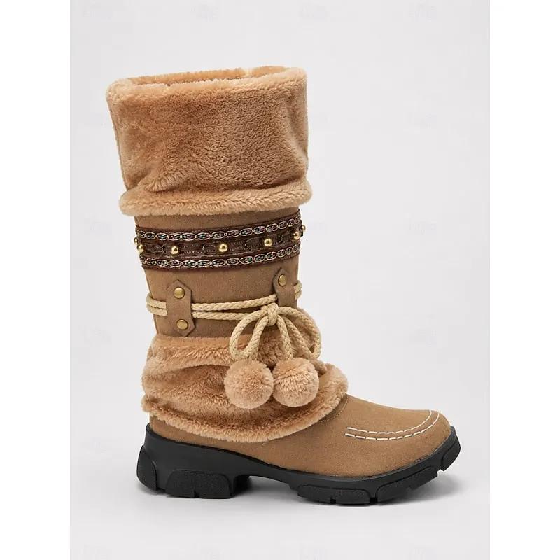 Women's Braided Pom-Pom Mid-Calf Boots-Women's Shoes-Bellmaren-Brown-4-My Store