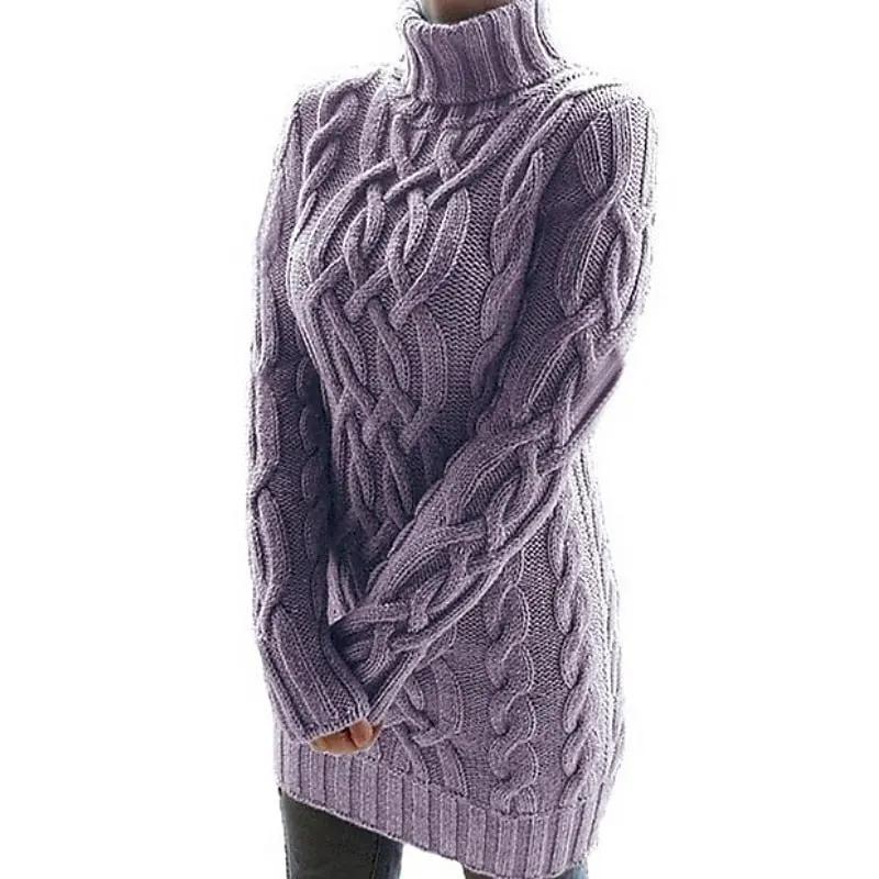 Women's Cable-Textured Turtleneck Sweater Dress-Women's Dresses-Bellmaren-Purple-S-My Store