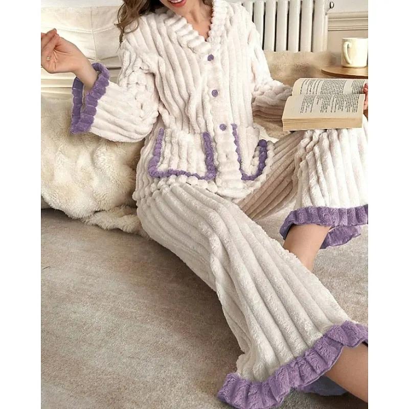 Women's Plush Button-Front Lounge Set – Ruffle Trim Top and Trousers