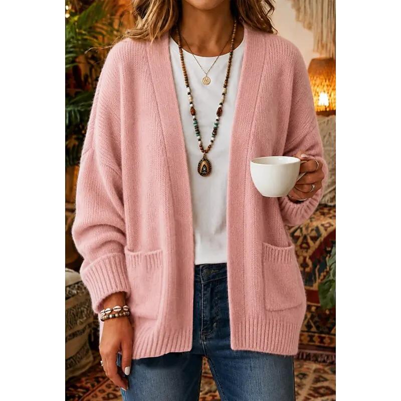 Women's Relaxed V-Neck Open-Front Cardigan With Front Pockets-Women’s Cardigans-Bellmaren-Pink-S-My Store