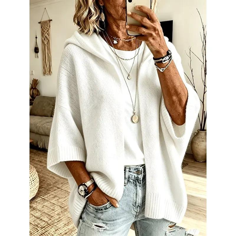Women's Open-Front Hooded Cardigan with Three-Quarter Sleeves by Bellmaren