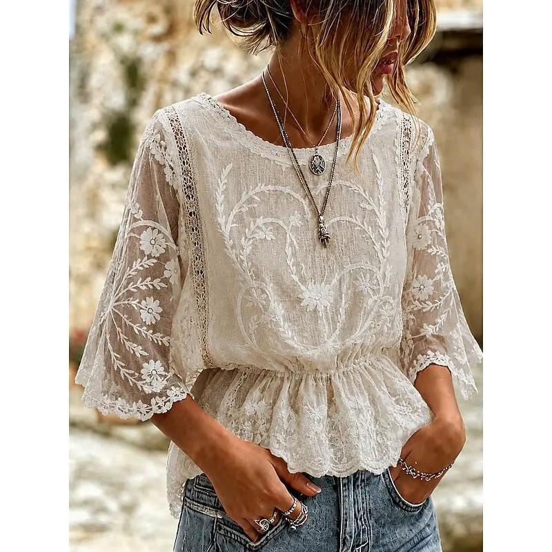 Women's Embroidered Peplum Blouse with Crew Neck-Women's Tops-Bellmaren-Khaki-S-My Store