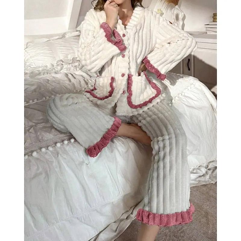 Women's Plush Ruffle-Trim Two-Piece Lounge Set-Women's Loungewear Sets-Bellmaren-White-S-My Store