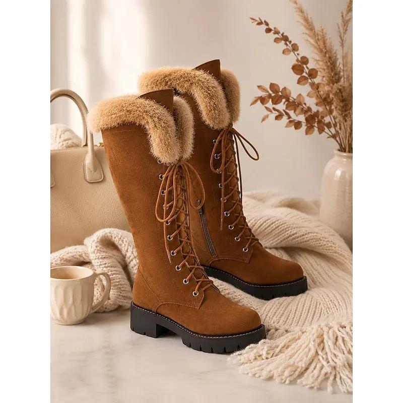 Women's Plush-Cuff Lace-Up Knee-High Winter Boots-Women's Shoes-Bellmaren-Camel-7-My Store