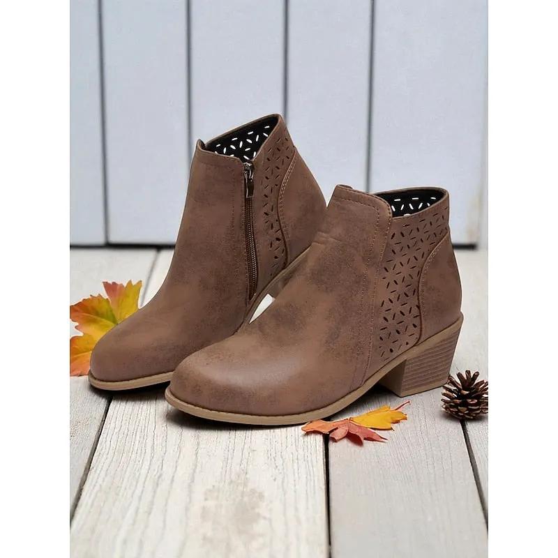 Women's Block Heel Ankle Boots – Cut-Out Detail, Side Zip