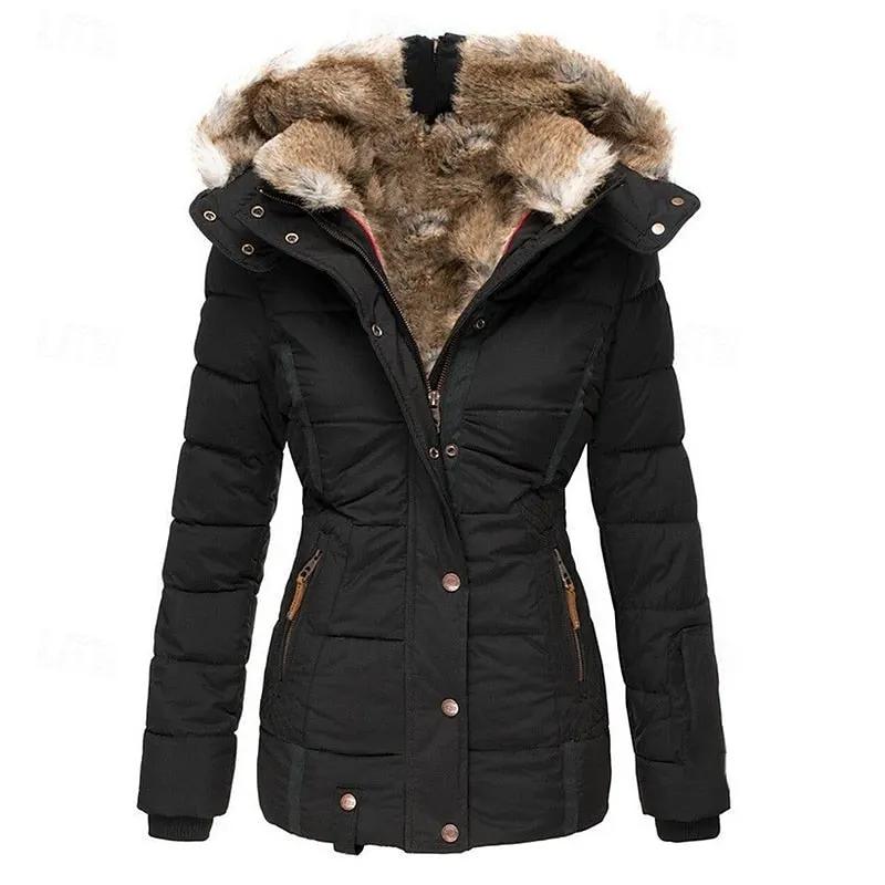 Women's Padded Winter Jacket – Removable Fur Hood, Shaped Waist