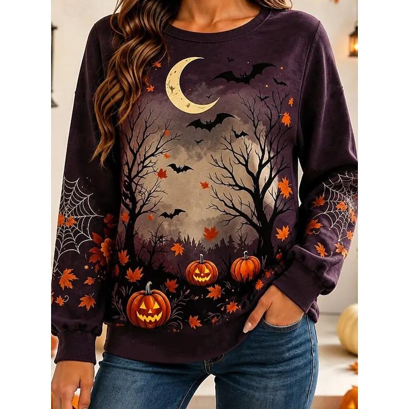 Women's Pumpkin Print Sweatshirt – Relaxed Crew Neck