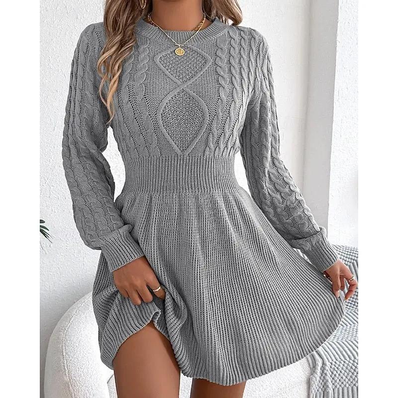 Women's Cable-Knit Sweater Dress With Defined Waist-Women's Dresses-Bellmaren-Grey-S-My Store