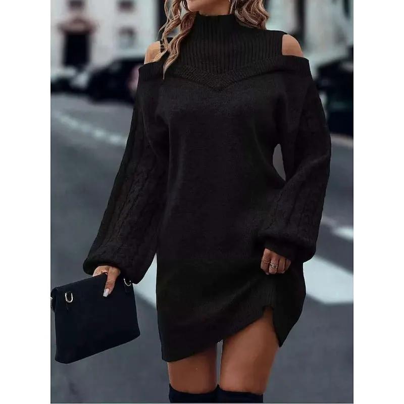 Women's Cold-Shoulder Turtleneck Sweater Dress-Women's Dresses-Bellmaren-Black-S-My Store