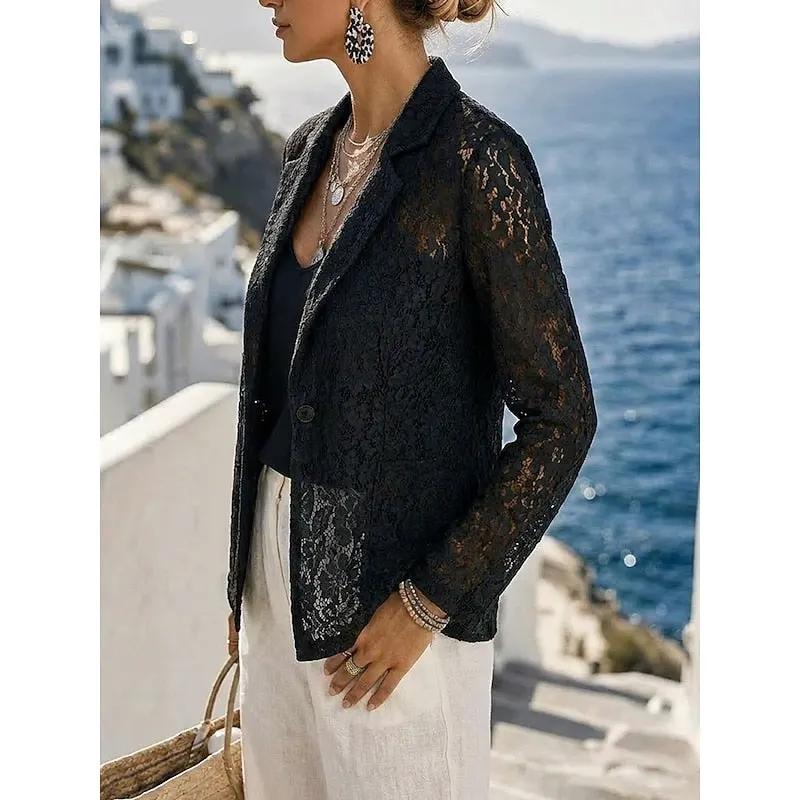 Women's Openwork Lapel Blazer for Smart-Casual Outings by Bellmaren