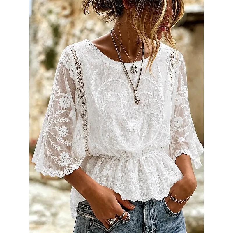 Women's Embroidered Peplum Blouse – Crew Neck Batwing Sleeves