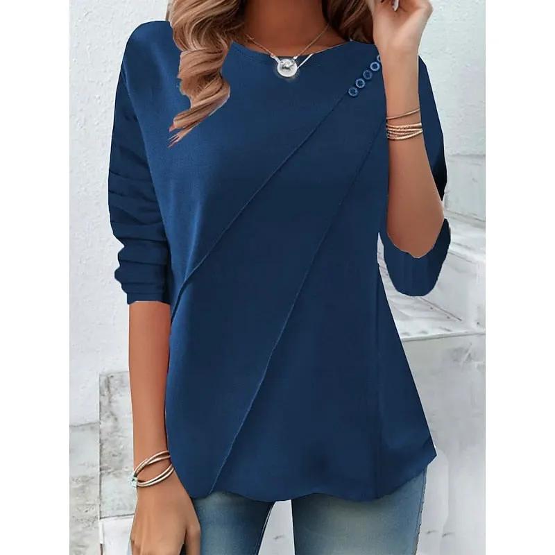 Women's Draped Long-Sleeve Top - Crew Neck Button by Bellmaren