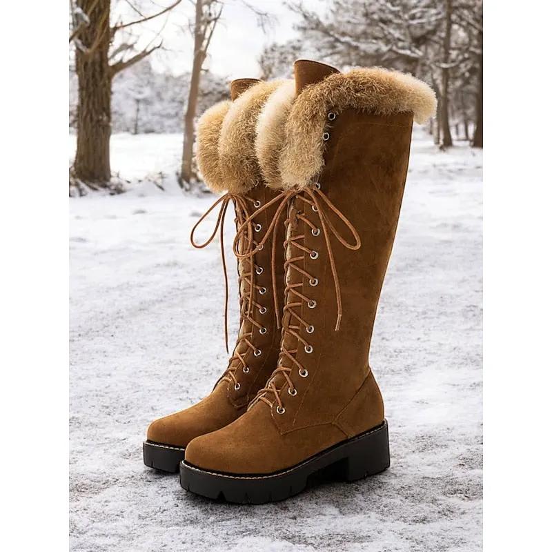 Women's Plush-Cuff Lace-Up Knee-High Winter Boots-Women's Shoes-Bellmaren-Camel-7-My Store
