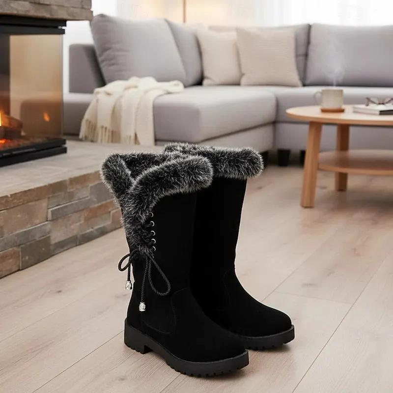 Women's Knee-High Winter Boots with Fur Trim-Women's Shoes-Bellmaren-Black-4-My Store