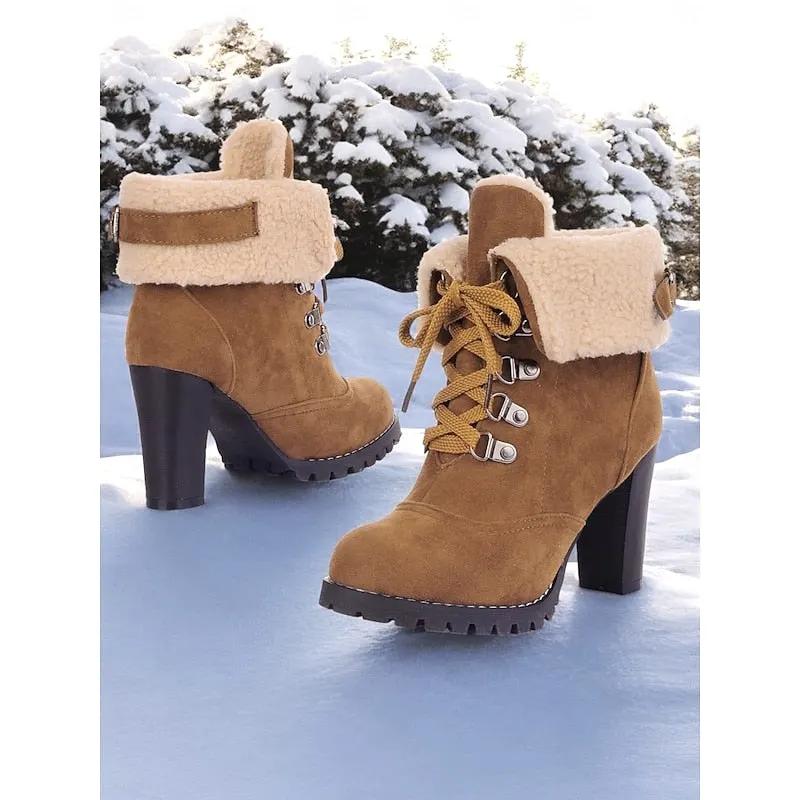 Women's Plush-Lined Chunky Heel Winter Boots-Women's Shoes-Bellmaren-Yellow-7-My Store