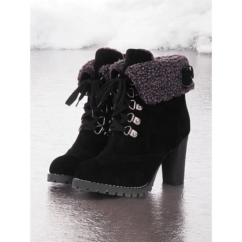 Women's Plush-Lined Chunky Heel Winter Boots-Women's Shoes-Bellmaren-Black-7-My Store
