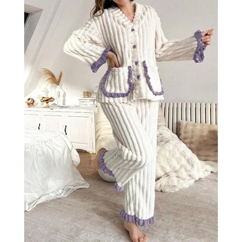 Women's Plush Ruffle-Trim Two-Piece Lounge Set-Women's Loungewear Sets-Bellmaren-Purple-S-My Store