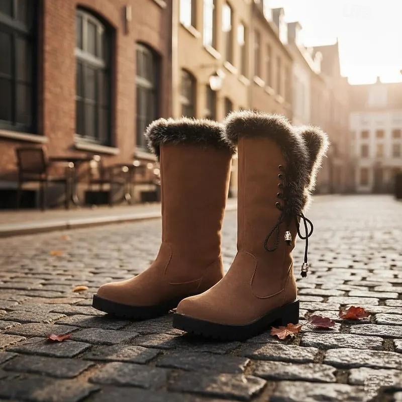 Women's Knee-High Winter Boots with Fur Trim-Women's Shoes-Bellmaren-Yellow-4-My Store