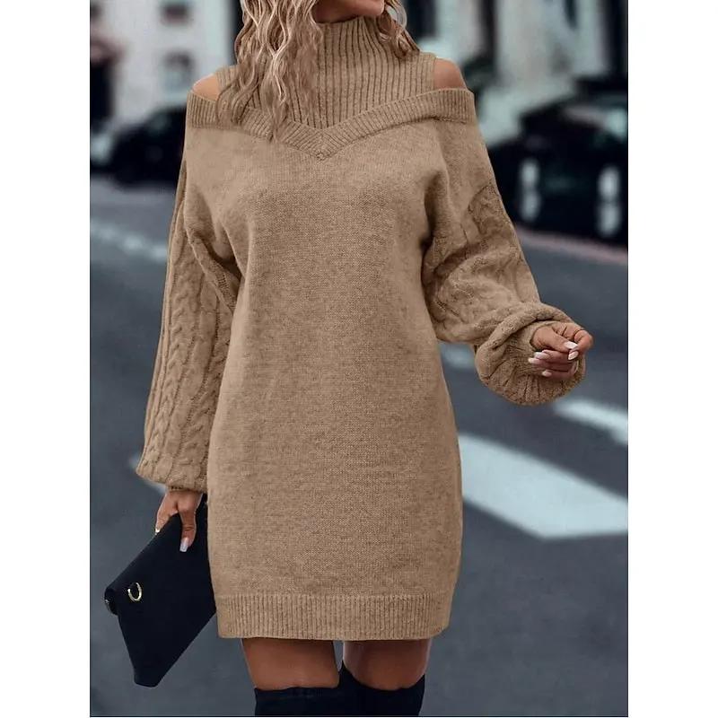 Women's Cold-Shoulder Turtleneck Jumper Dress – Cable-Knit Sleeves