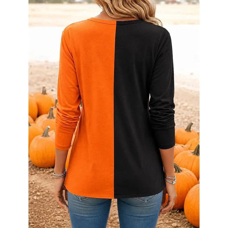Women's Relaxed Fit Pumpkin Print Long-Sleeve Top-Women's T-Shirts-Bellmaren-Orange-S-My Store