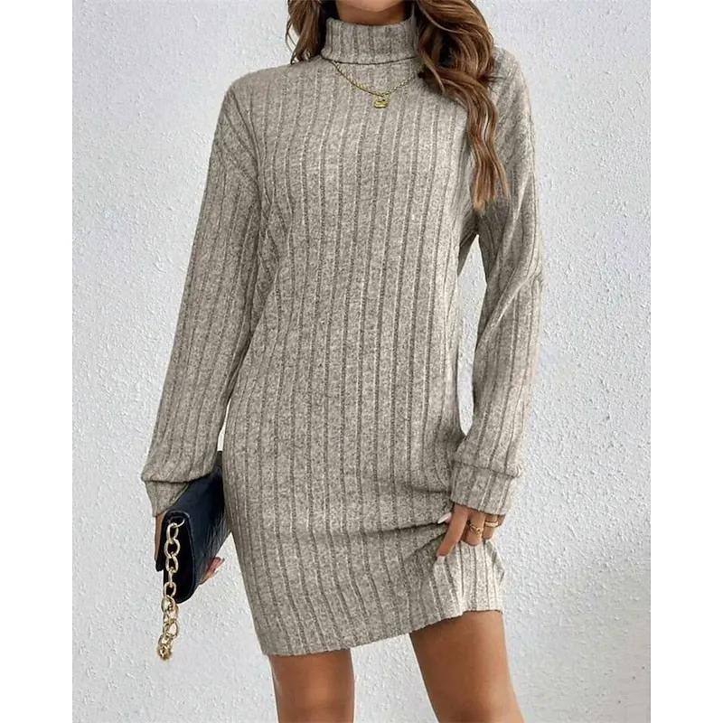 Women's Ribbed Textured Roll Neck Dress Relaxed Fit-Women's Dresses-Bellmaren-Light Grey-S-My Store