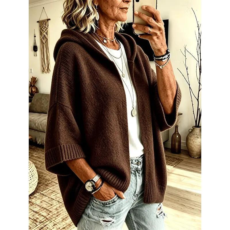 Women's Open-Front Hooded Cardigan with Three-Quarter Sleeves by Bellmaren