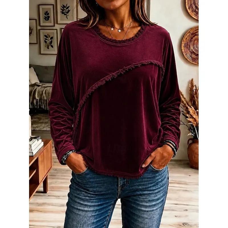 Women's Fringe Trim Relaxed Tunic Crew Neck Top-Women's Tops-Bellmaren-Wine-S-My Store