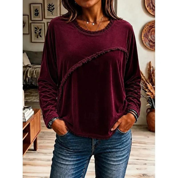 Women's Fringe Trim Relaxed Tunic Crew Neck Top-Women's Tops-Bellmaren-Wine-S-My Store