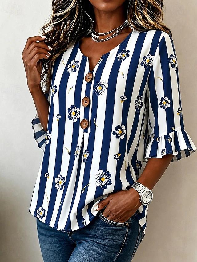 Vivian | Floral Striped V-Neck Blouse by My Store