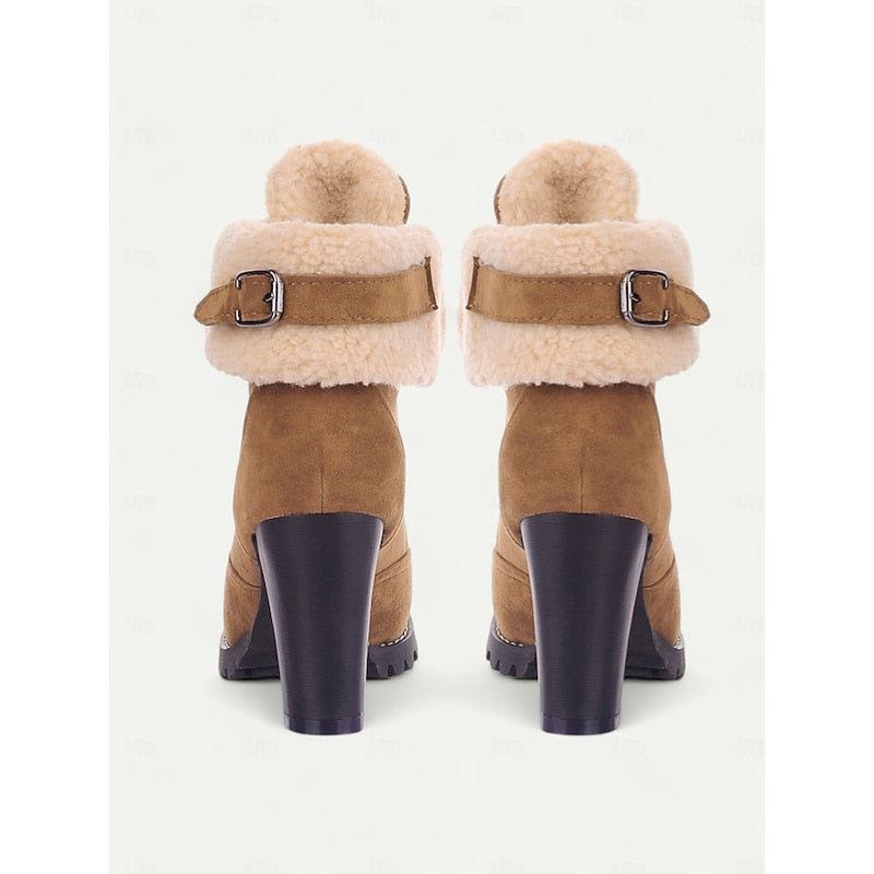 Women's Plush-Lined Chunky Heel Winter Boots-Women's Shoes-Bellmaren-Yellow-7-My Store