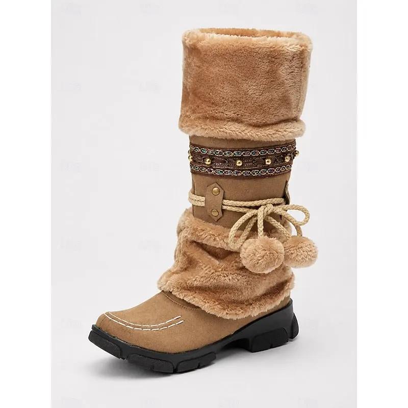 Women's Braided Pom-Pom Mid-Calf Boots-Women's Shoes-Bellmaren-Brown-4-My Store