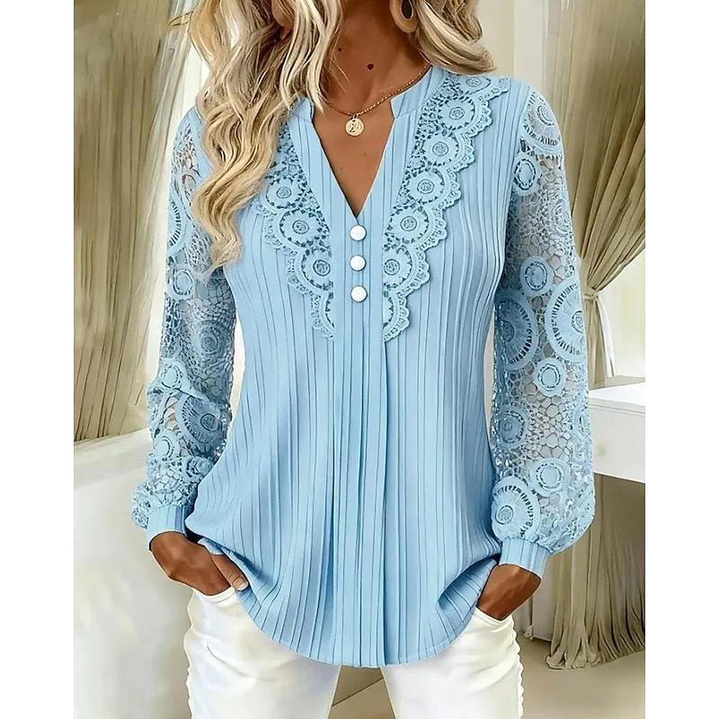 Women's V-Neck Lace-Trimmed Long Sleeve Openwork Blouse by Bellmaren