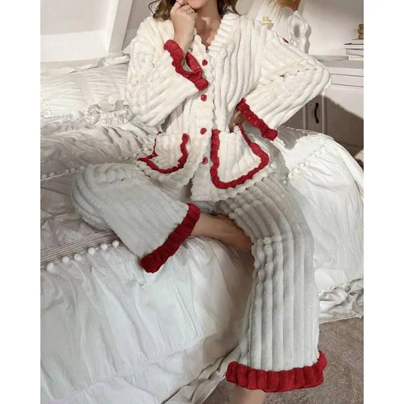 Women's Plush Ruffle-Trim Two-Piece Lounge Set-Women's Loungewear Sets-Bellmaren-Purple-S-My Store