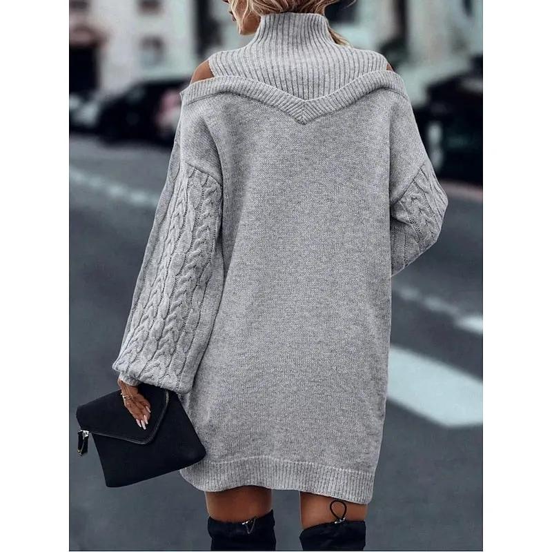 Women's Cold-Shoulder Turtleneck Sweater Dress-Women's Dresses-Bellmaren-Khaki-S-My Store