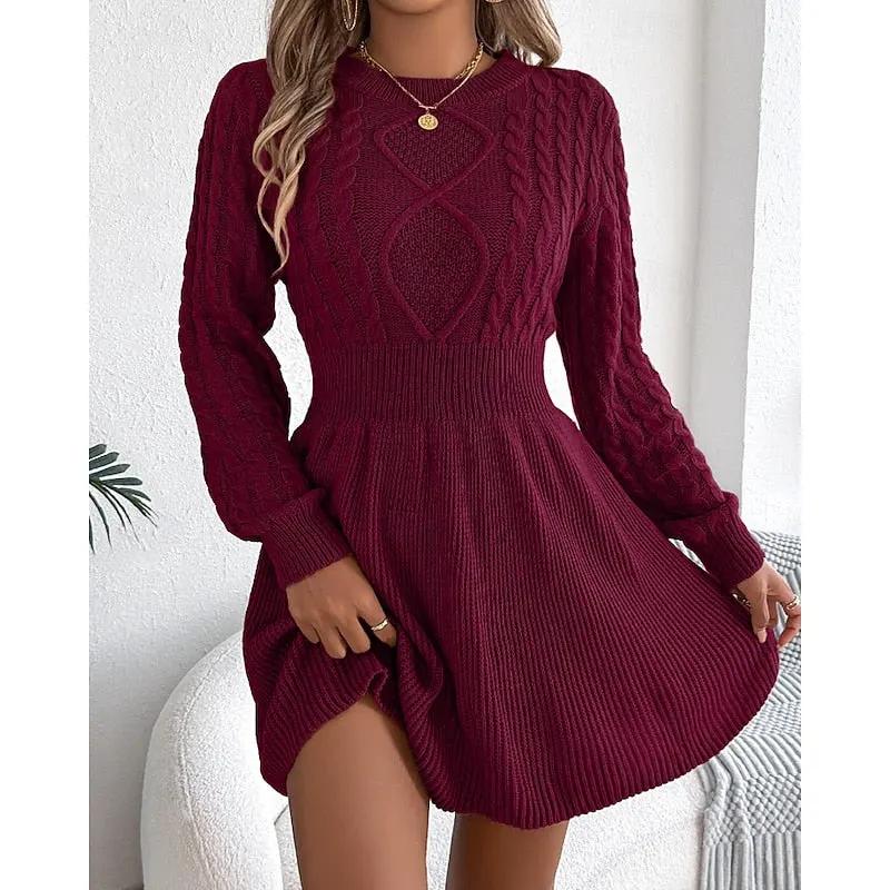 Women's Cable-Knit Sweater Dress With Defined Waist-Women's Dresses-Bellmaren-Grey-S-My Store