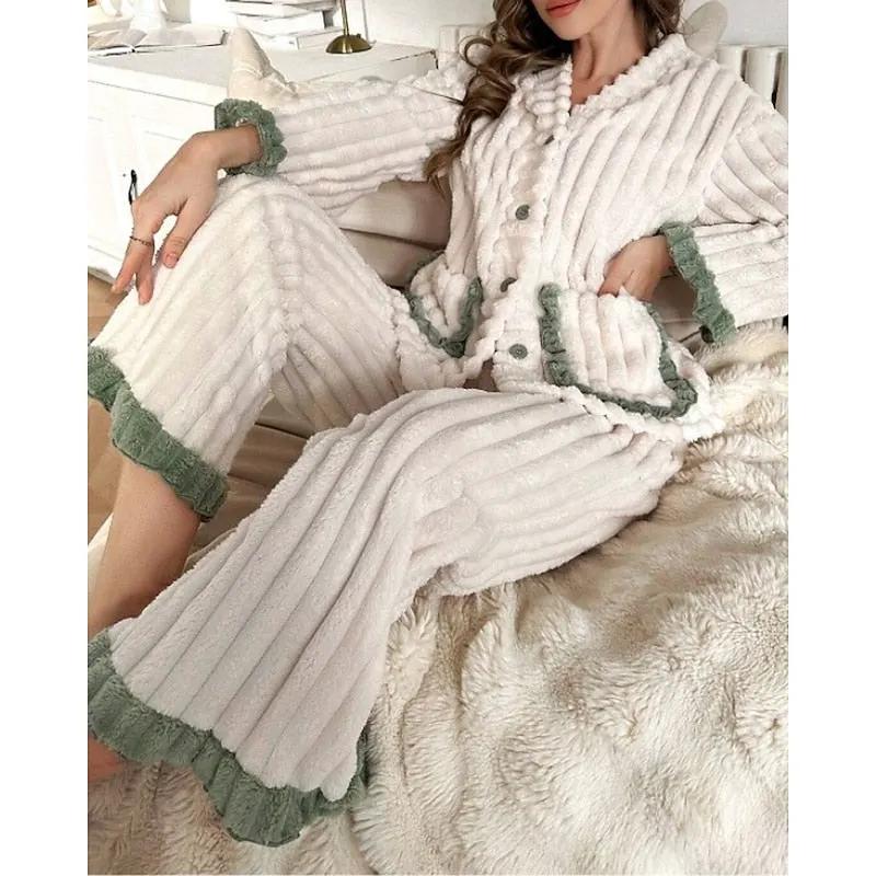 Women's Plush Ruffle-Trim Two-Piece Lounge Set-Women's Loungewear Sets-Bellmaren-Purple-S-My Store