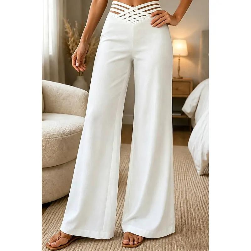 Women's High-Waist Wide-Leg Trousers with Stretch Fit-Women's Trousers-Bellmaren-White-S-My Store