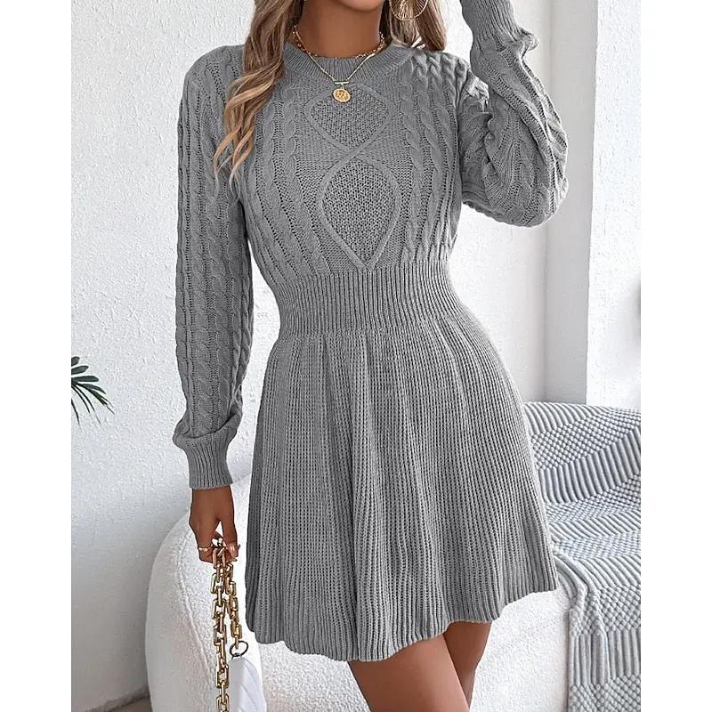 Women's Cable-Knit Sweater Dress With Defined Waist-Women's Dresses-Bellmaren-Grey-S-My Store
