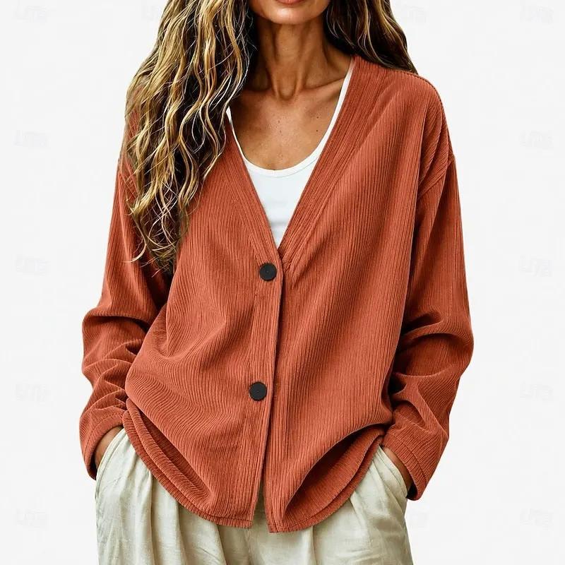 Women's Relaxed V-Neck Button Cardigan for Layering-Women’s Cardigans-Bellmaren-Orange Red-S-My Store