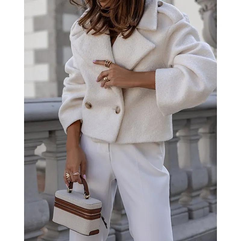 Women's Cropped Coat with Turndown Collar Detail-Women's Coats & Jackets-Bellmaren-White-S-My Store