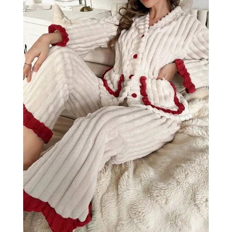 Women's Plush Ruffle-Trim Two-Piece Lounge Set-Women's Loungewear Sets-Bellmaren-Purple-S-My Store