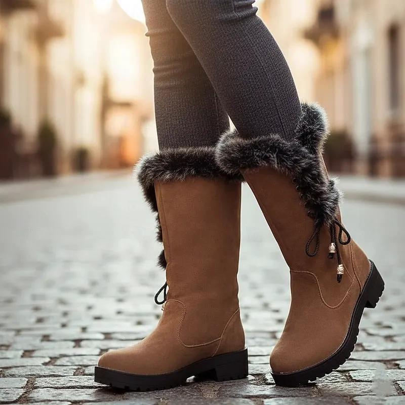 Women's Knee-High Winter Boots with Fur Trim-Women's Shoes-Bellmaren-Yellow-4-My Store
