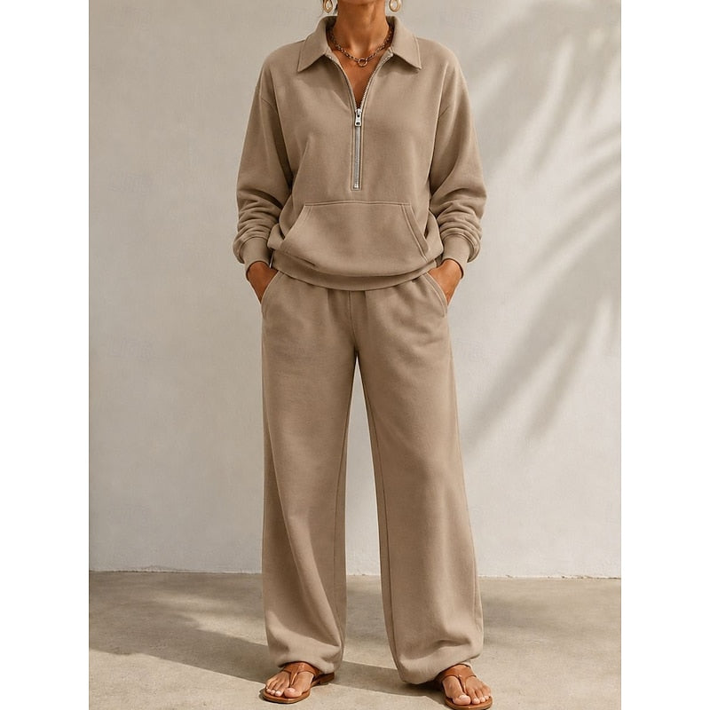 Women's Relaxed Half‑Zip Top and Wide‑Leg Trousers Set by Bellmaren