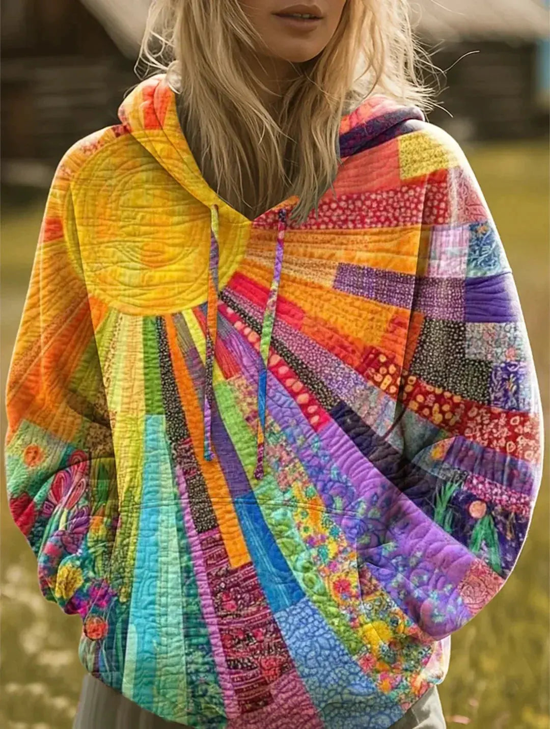 Women's Sun Pattern Patchwork Hoodie with Long Sleeves by Bellmaren